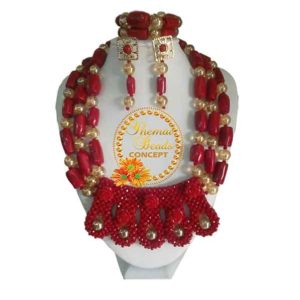 Women Red-Gold Coral Crown Traditional Beads