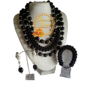 Women Black-Silver Balls Agate Layers Bead Set