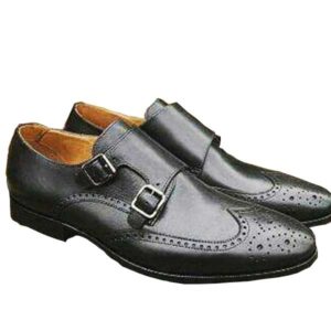 Men Black Double Strap Leather Sole Brogue Shoe