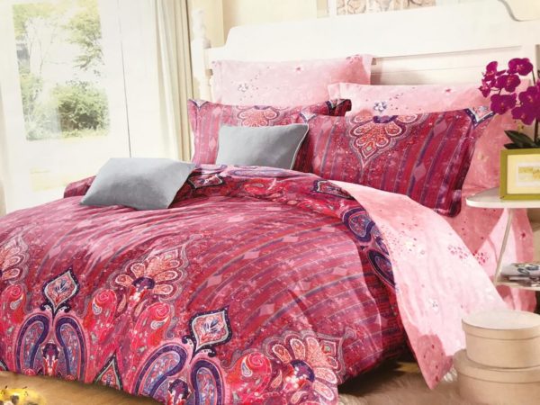 Red Oriental Designed Bed Sheet And Duvet - 4 Pillow Cases