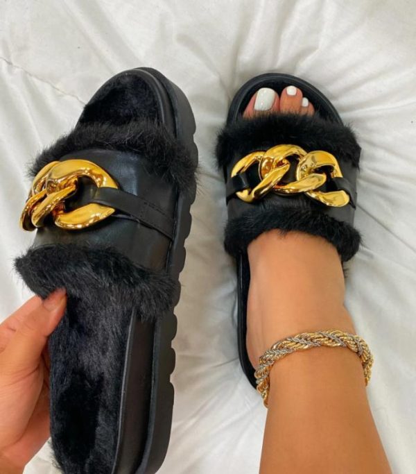 Classy Ladies Chain Leather Fur Fluffy Slide Slip On Slippers