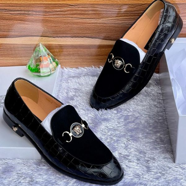 Black Designer Croc Skin and Suede Leader Loafers For Men