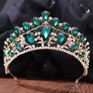 Baroque Green Crystal Rhinestone Diadem Tiara Headpiece for Pageants Princesses Queens Bride Veil Crown and Wedding Hair Accessory 1