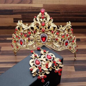 Baroque Red Crystal Rhinestone Earring Diadem Tiara Headpiece for Pageants Princesses Queens Bride Veil Crown and Wedding Hair Accessory