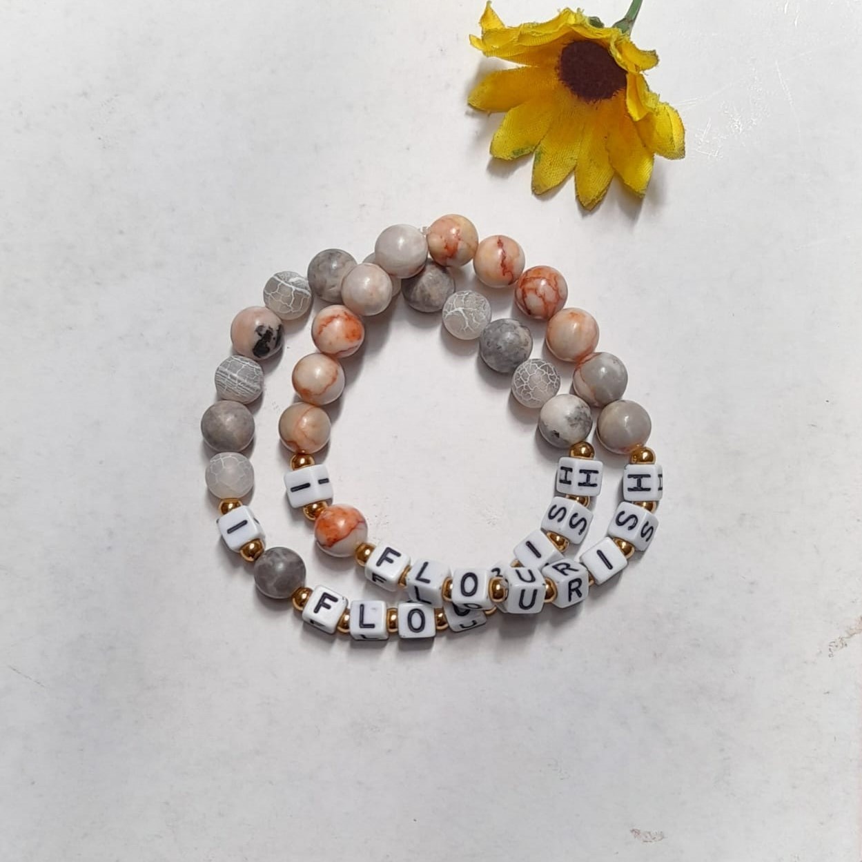 Marble agate beads bracelets with letter word (I FLOURISH)