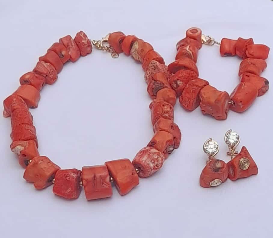 Bamboo coral bead necklace and earrings set